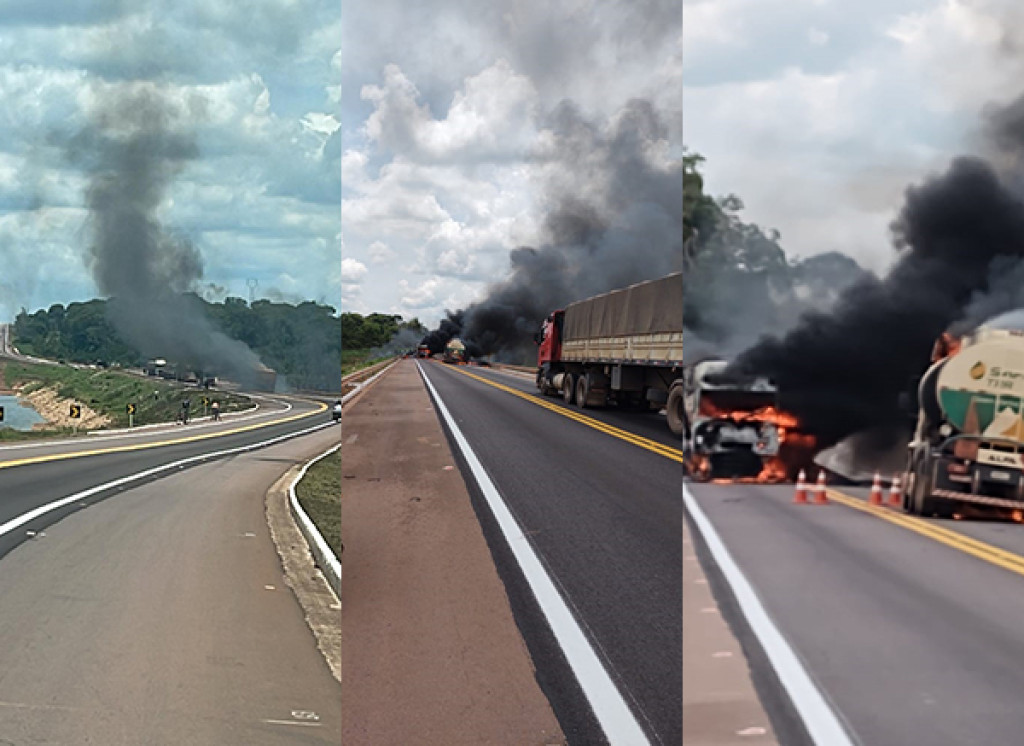Criminosos ateiam fogo em caminhões na BR-163 no Norte de MT – veja vídeos