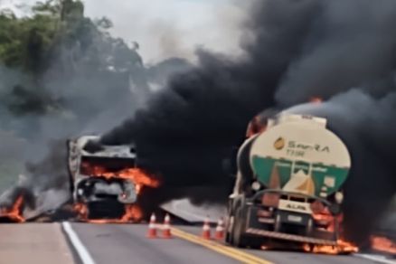 Criminosos incendeiam 3 veículos de carga em rodovia no interior