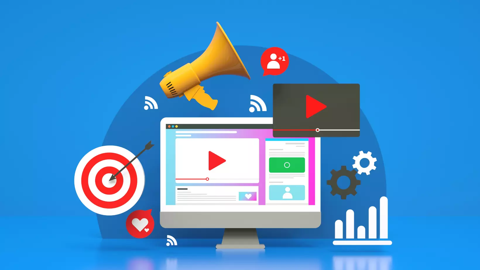 Imagem que representa o marketing digital - computador, foco na persona e estatísticas