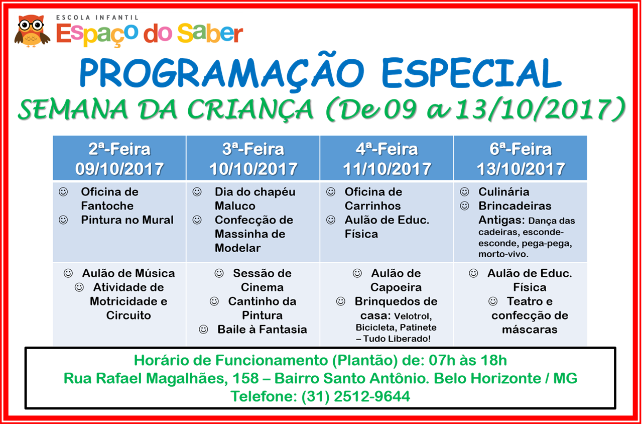 Plantão da Semana da Criança - Programação