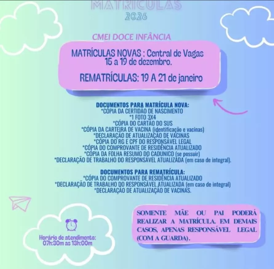 Atenção Pais! Chamada Escolar 2026 matrículas e rematrículas para o ano letivo no CMEI Doce Infância