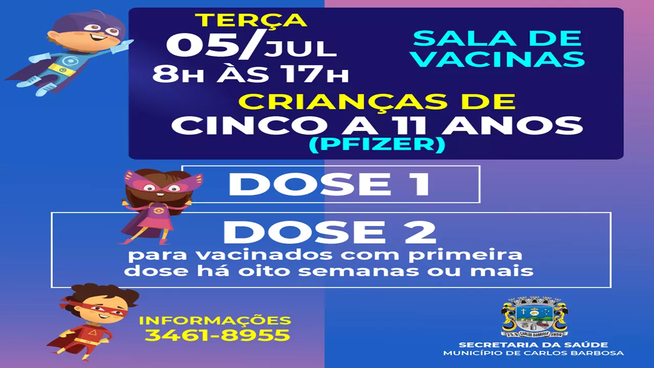Vacinação para crianças contra a Covid-19 nesta terça-feira, 5, em Barbosa