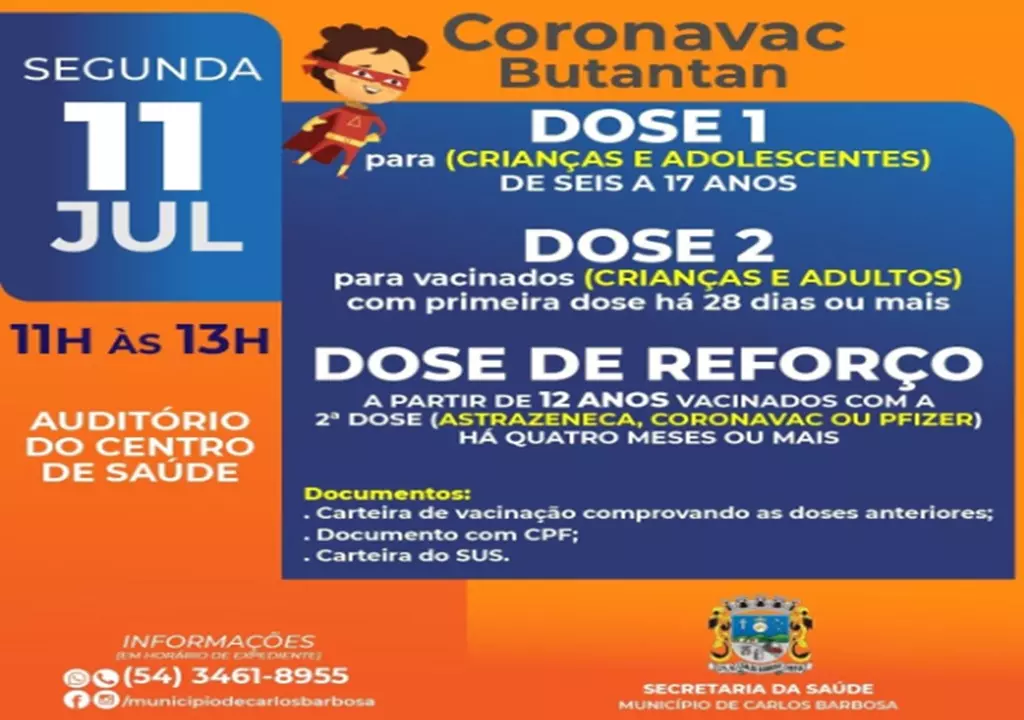 Doses da vacina da Covid-19 voltadas para crianças, adolescentes e adultos, nesta segunda-feira, 11, em Barbosa