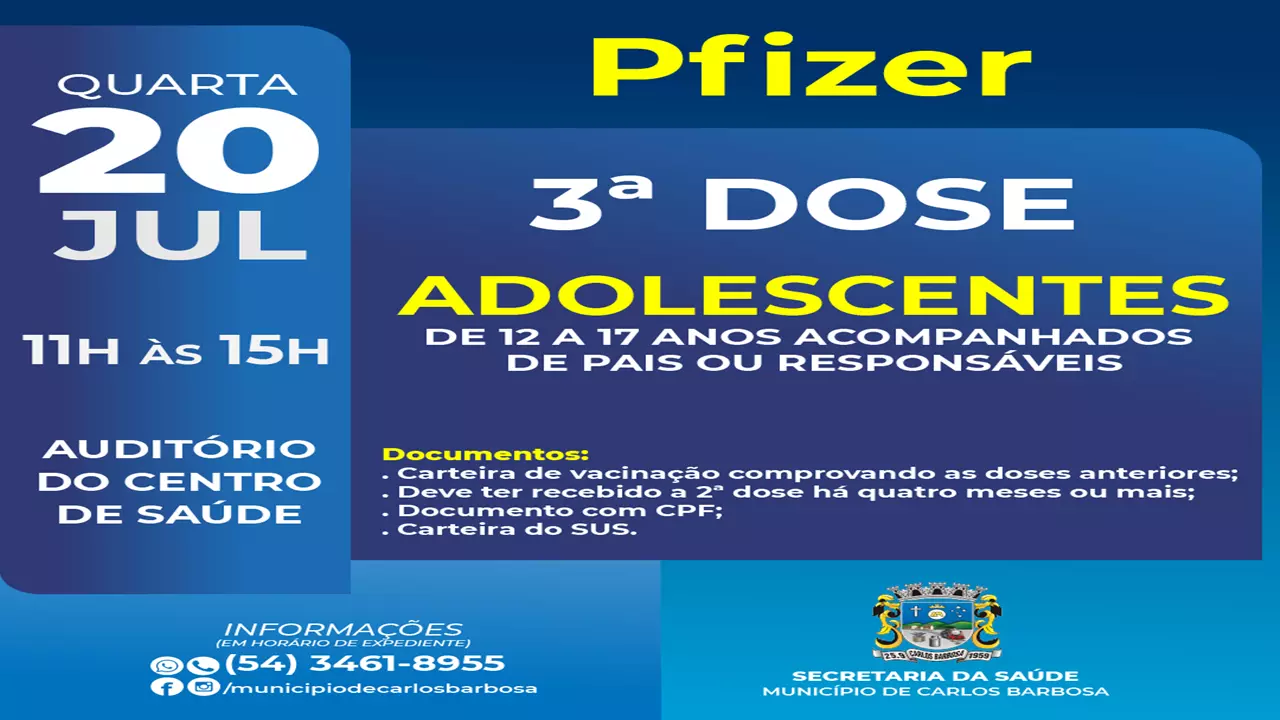 Quarta-feira, 20, com vacinação da 3ª dose da Covid-19 voltada para adolescentes em Barbosa