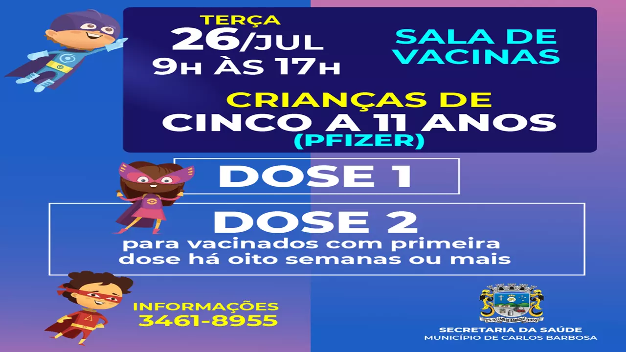Terça-feira, 26, com novas doses da vacina Covid-19 para crianças dos cinco aos 11 anos, em Barbosa