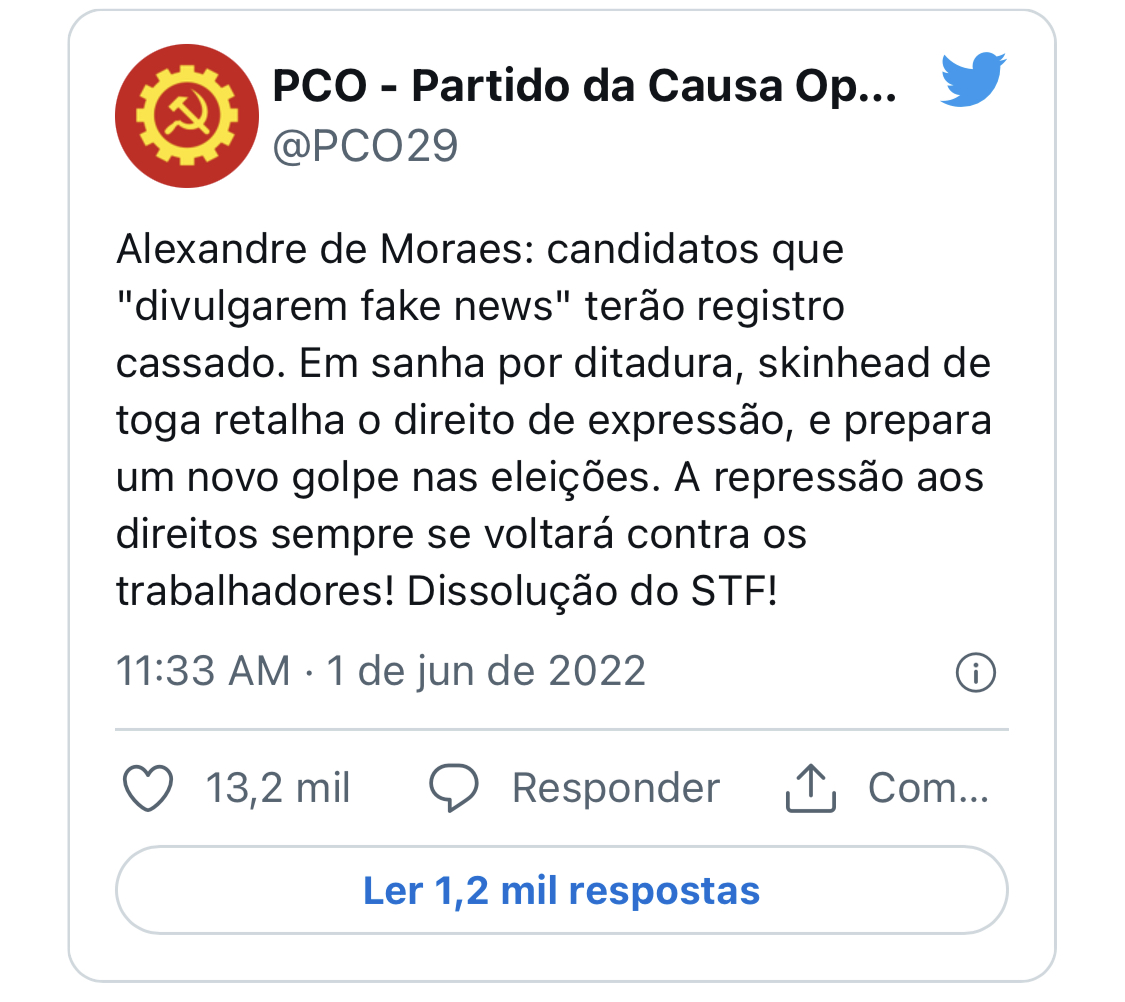 PCO pede “dissolução do STF” e chama Alexandre de Moraes de “skinhead de toga”