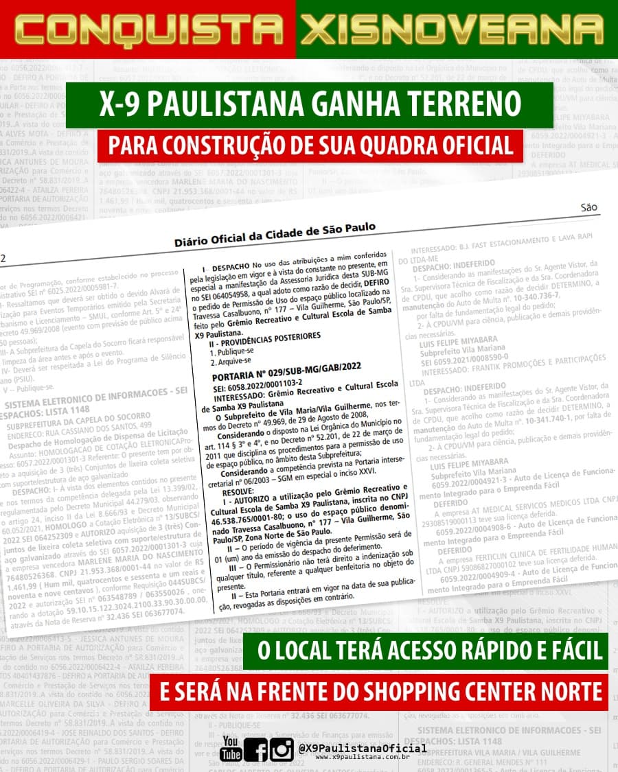 X9 PAULISTANA RECEBE LIBERAÇÃO PARA CONSTRUÇÃO DA NOVA QUADRA DE ENSAIOS