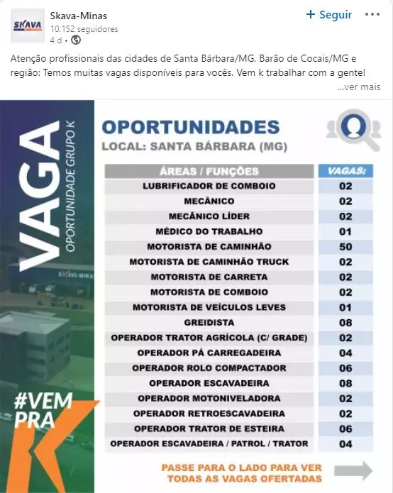 A foto mostra a divulgação das vagas da empresa Skavaminas