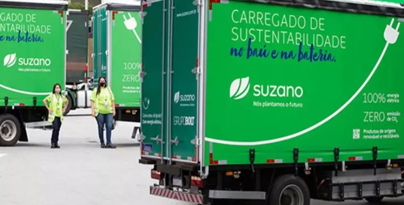A foto mostra vários caminhões da Suzano