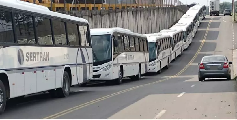 A foto mostra a frota de ônibus da Sertran