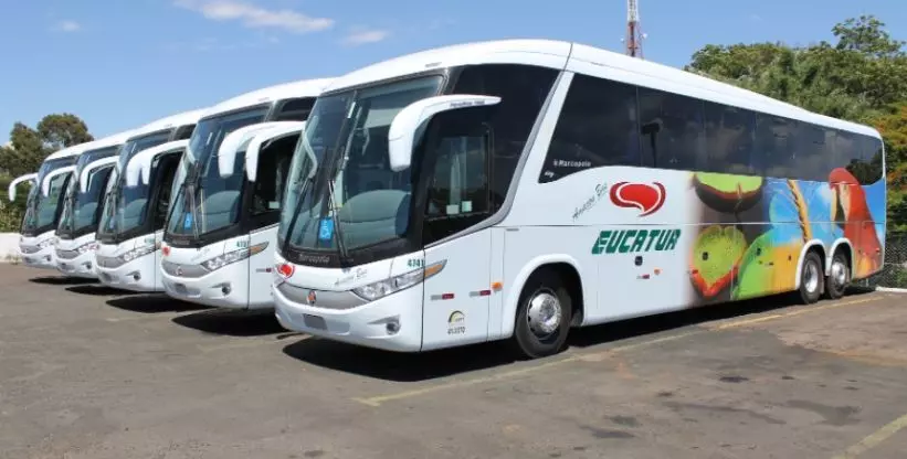 A foto mostra a frota de ônibus da Eucatur