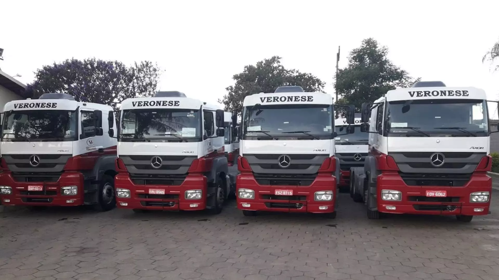 A foto mostra a frota de caminhões da Veronese Transportes