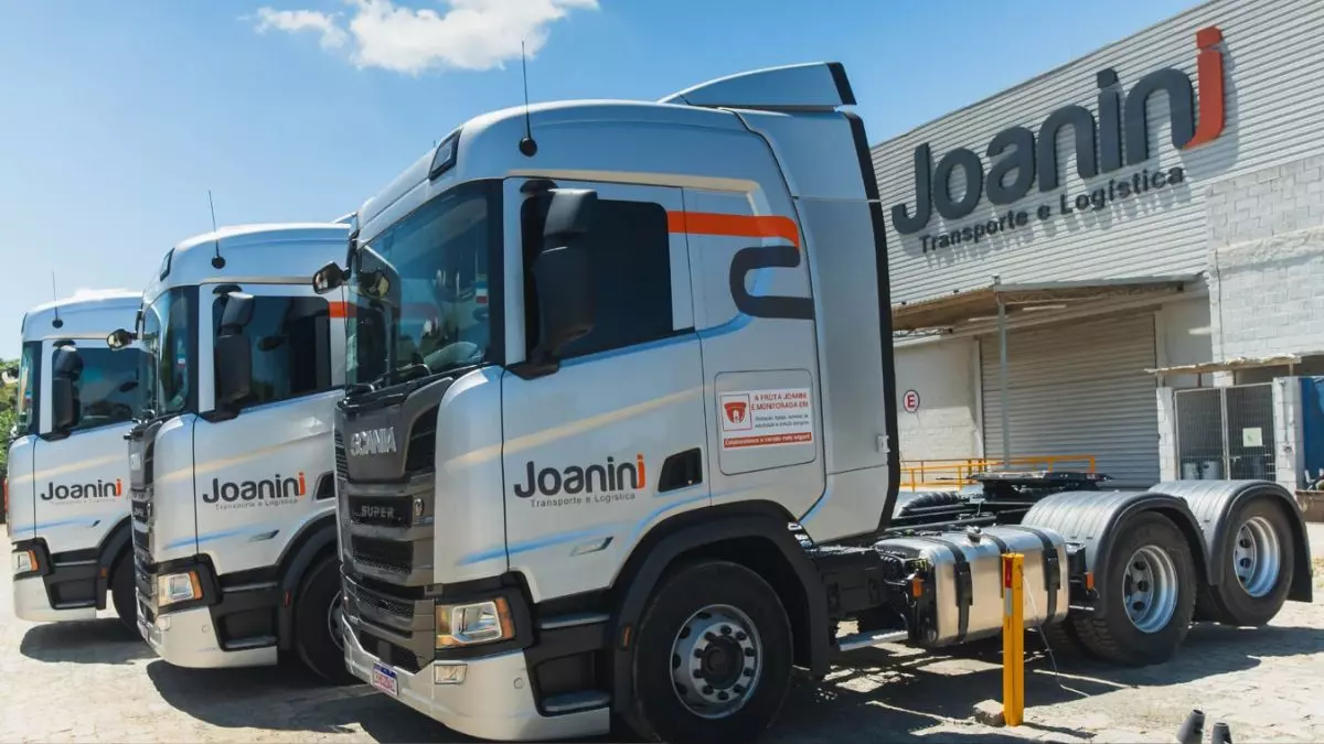 A foto mostra uma frota de caminhões da Joanini Transportes