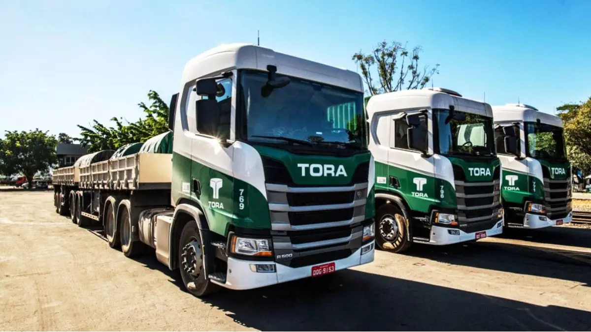 A foto mostra uma frota de caminhões do Grupo Tora