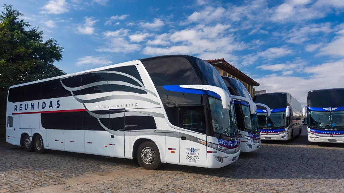 A foto mostra uma frota de ônibus