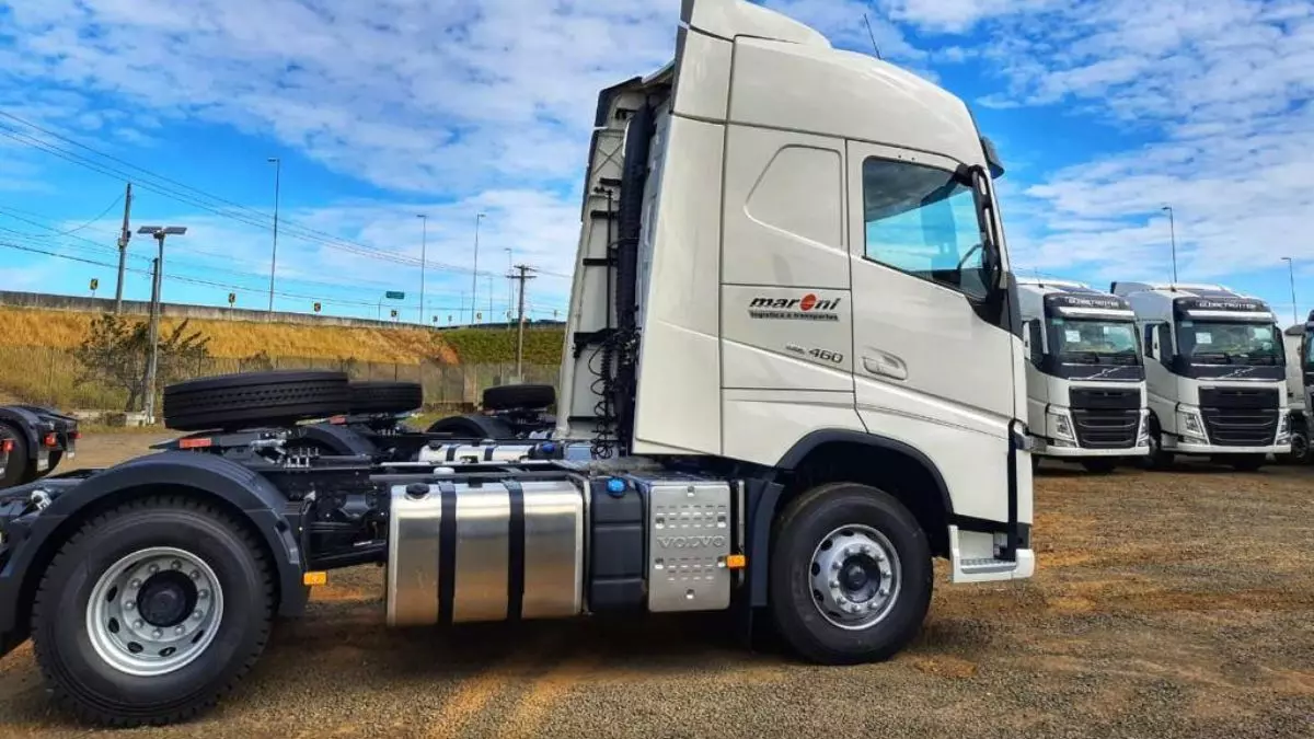 A foto mostra uma frota de caminhões do Grupo Maroni