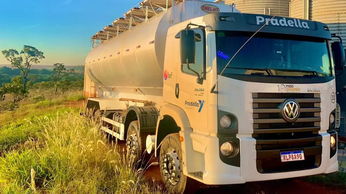 A foto mostra um caminhão da Pradella Transportes