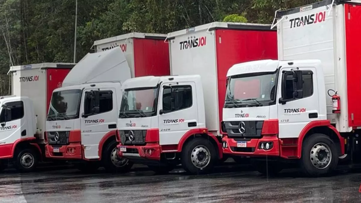 A foto mostra uma frota de caminhões da Transjoi
