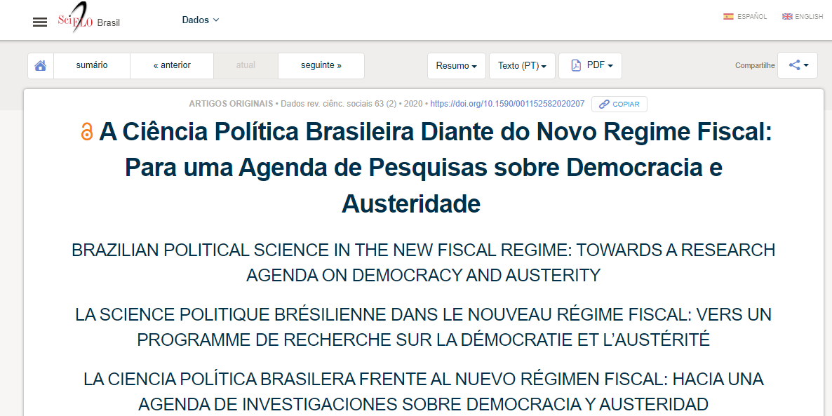 A Ciência Política Brasileira Diante do Novo Regime Fiscal: Para uma Agenda de Pesquisas sobre Democracia e Austeridade. DADOS - REVISTA DE CIÊNCIAS SOCIAIS