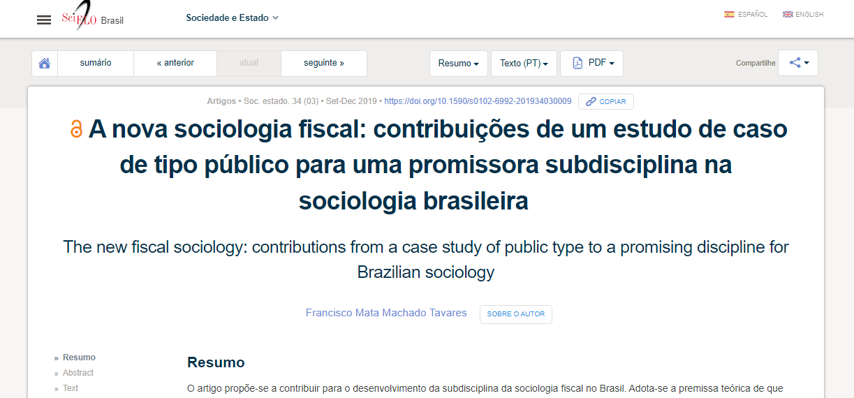A Nova Sociologia Fiscal: contribuições de um estudo de caso de tipo público para uma promissora subdisciplina na sociologia brasileira. Sociedade e Estado