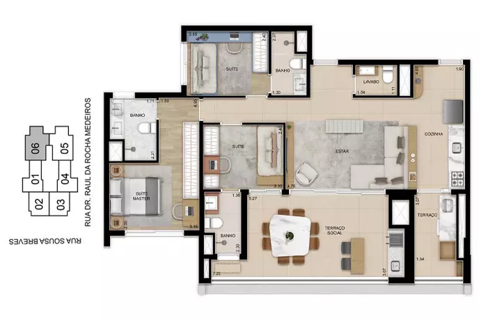 Planta 109m² cozinha aberta