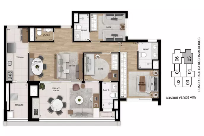 Planta 109m² cozinha fechada